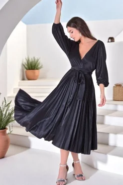 Satin Pleated Skirt Wrap Midi Dress - Black by Goddiva