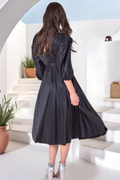 Satin Pleated Skirt Wrap Midi Dress - Black by Goddiva