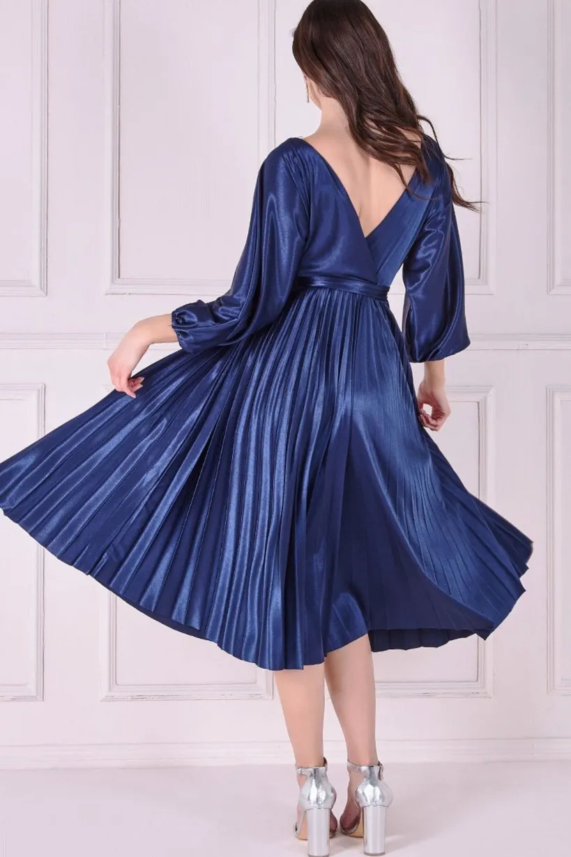Satin Pleated Skirt Wrap Midi Dress - Navy by Goddiva