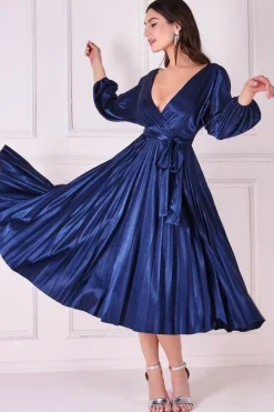 Satin Pleated Skirt Wrap Midi Dress - Navy by Goddiva