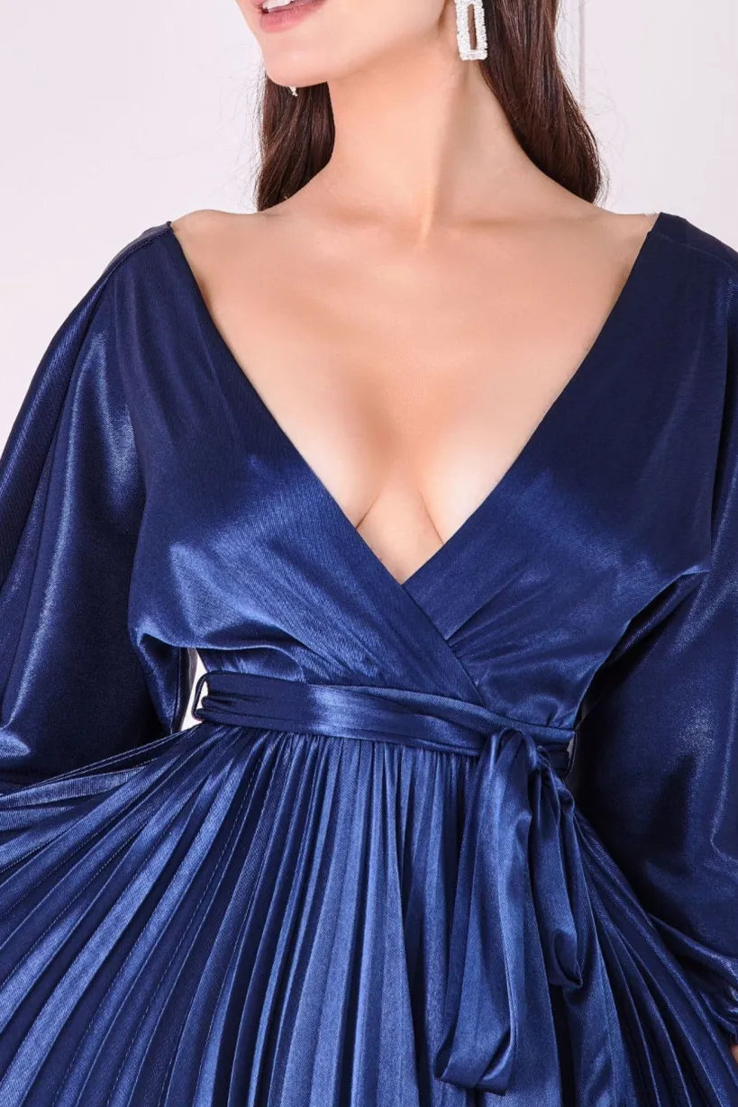Satin Pleated Skirt Wrap Midi Dress - Navy by Goddiva