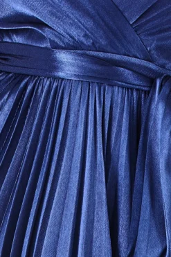 Satin Pleated Skirt Wrap Midi Dress - Navy by Goddiva