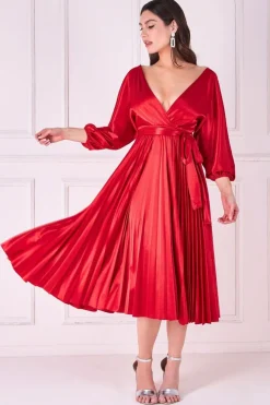 Satin Pleated Skirt Wrap Midi Dress - Red by Goddiva