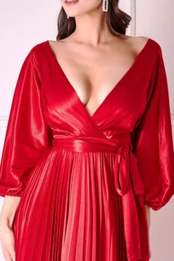 Satin Pleated Skirt Wrap Midi Dress - Red by Goddiva