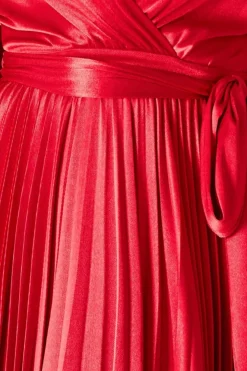 Satin Pleated Skirt Wrap Midi Dress - Red by Goddiva