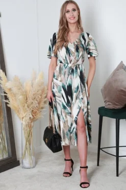Satin Print V-Neck Split Hem Midi Dress by Double Second