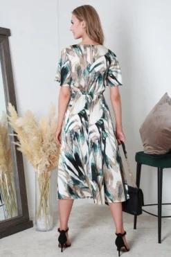 Satin Print V-Neck Split Hem Midi Dress by Double Second