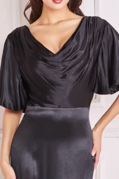 Satin Viscose Cowl Neck Maxi With Train - Black by Goddiva