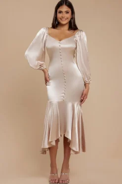 Satin Viscose Front Buttoned Dipped Hem Midaxi Dress - Champagne by Goddiva