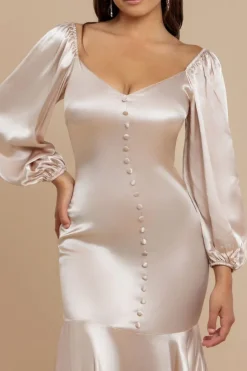 Satin Viscose Front Buttoned Dipped Hem Midaxi Dress - Champagne by Goddiva