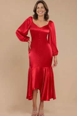 Satin Viscose Front Buttoned Dipped Hem Midaxi Dress - Red by Goddiva