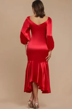 Satin Viscose Front Buttoned Dipped Hem Midaxi Dress - Red by Goddiva