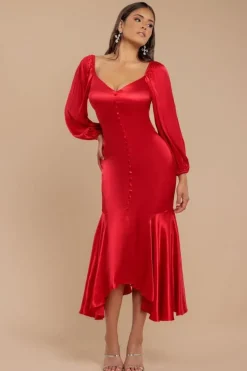 Satin Viscose Front Buttoned Dipped Hem Midaxi Dress - Red by Goddiva