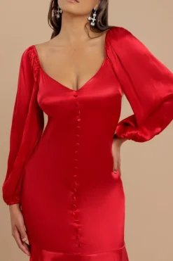 Satin Viscose Front Buttoned Dipped Hem Midaxi Dress - Red by Goddiva