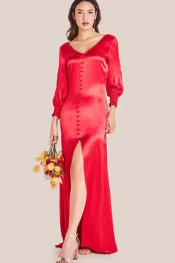 Satin Viscose Front Split Maxi - Red by Goddiva