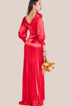 Satin Viscose Front Split Maxi - Red by Goddiva