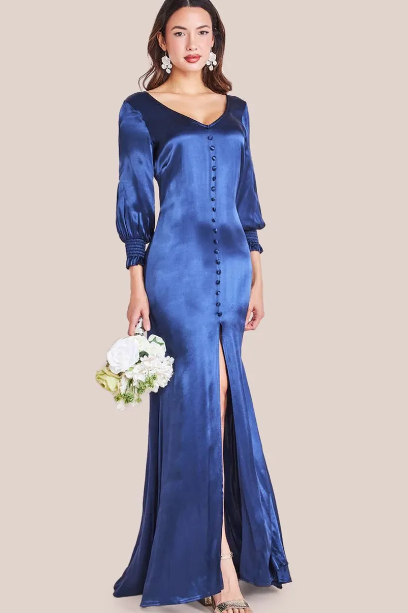 Satin Viscose Front Split Maxi - Navy by Goddiva