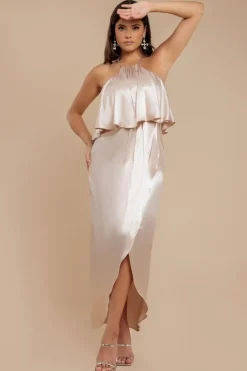 Satin Viscose Front Wrap Midaxi Dress - Champagne by Goddiva