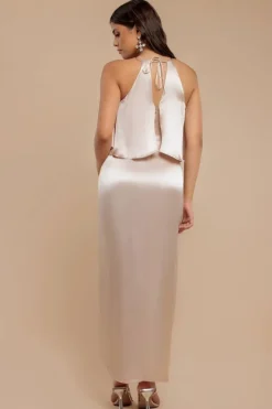 Satin Viscose Front Wrap Midaxi Dress - Champagne by Goddiva