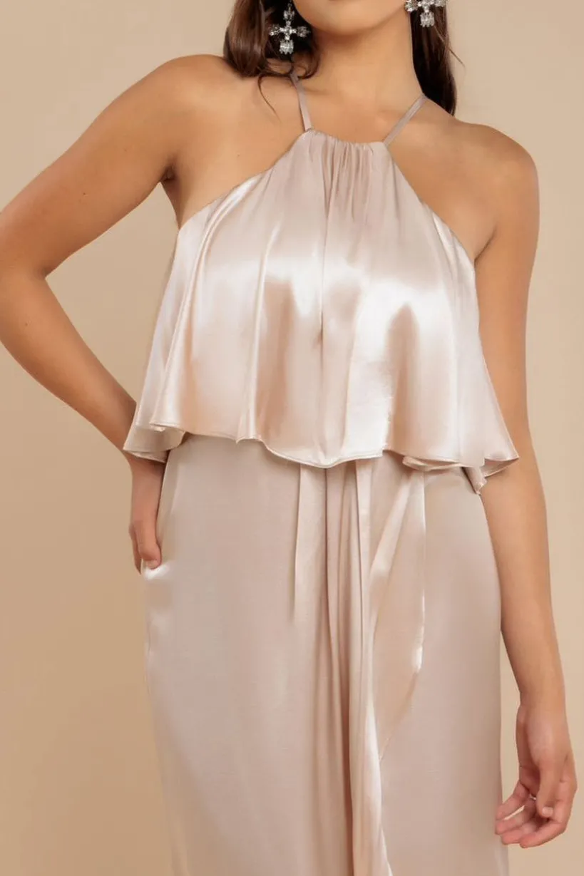 Satin Viscose Front Wrap Midaxi Dress - Champagne by Goddiva