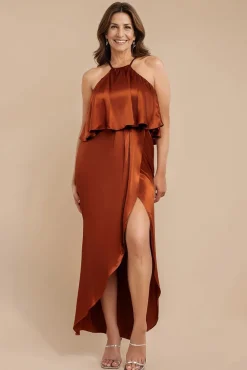 Satin Viscose Front Wrap Midaxi Dress - Brown by Goddiva
