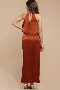 Satin Viscose Front Wrap Midaxi Dress - Brown by Goddiva