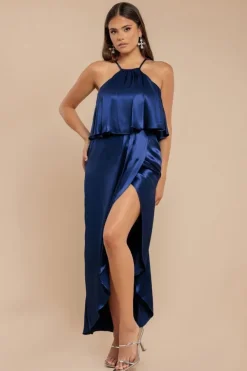 Satin Viscose Front Wrap Midaxi Dress - Navy by Goddiva
