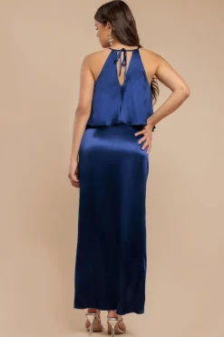 Satin Viscose Front Wrap Midaxi Dress - Navy by Goddiva