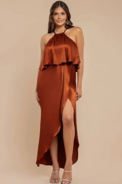 Satin Viscose Front Wrap Midaxi Dress - Brown by Goddiva