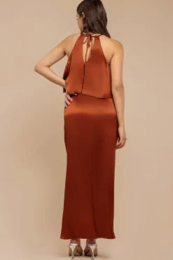 Satin Viscose Front Wrap Midaxi Dress - Brown by Goddiva