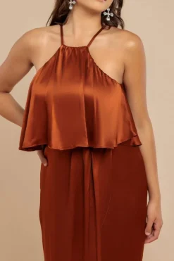 Satin Viscose Front Wrap Midaxi Dress - Brown by Goddiva
