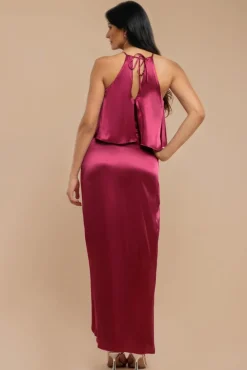 Satin Viscose Front Wrap Midaxi Dress - Burgundy by Goddiva