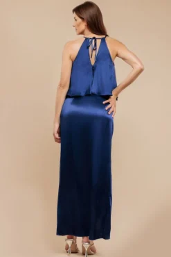 Satin Viscose Front Wrap Midaxi Dress - Navy Blue by Goddiva