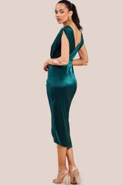 Satin Wrap Knotted Midi Dress - Emerald Green by Goddiva