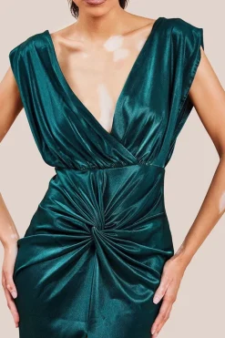 Satin Wrap Knotted Midi Dress - Emerald Green by Goddiva