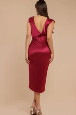 Satin Wrap Knotted Midi Dress - Wine by Goddiva