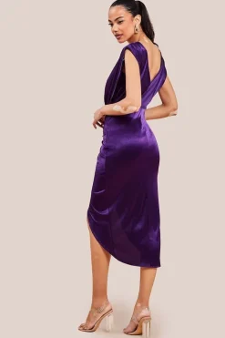 Satin Wrap Knotted Midi Dress - Purple by Goddiva