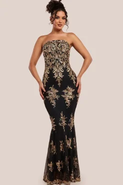 Scallop Bandeau Sequin Mesh Maxi Dress - Black Gold by Goddiva