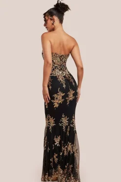 Scallop Bandeau Sequin Mesh Maxi Dress - Black Gold by Goddiva