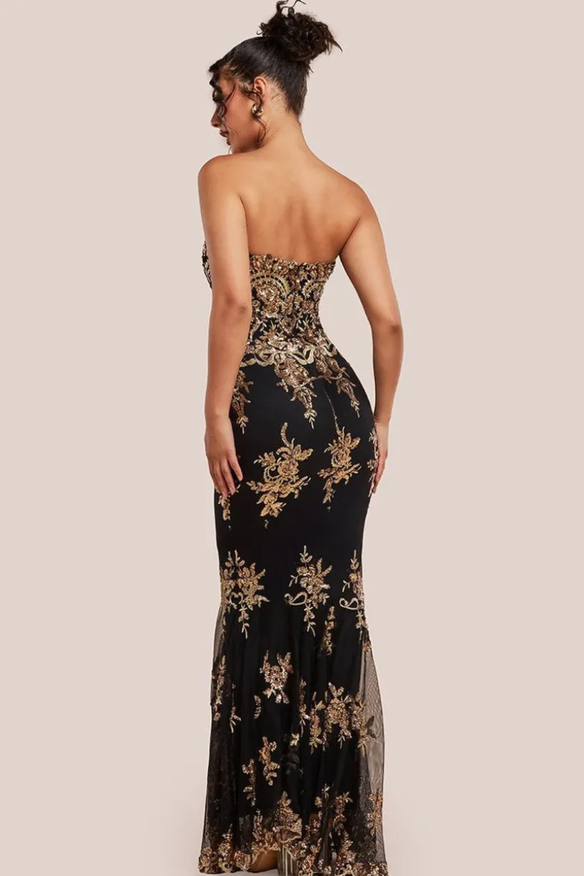 Scallop Bandeau Sequin Mesh Maxi Dress - Black Gold by Goddiva