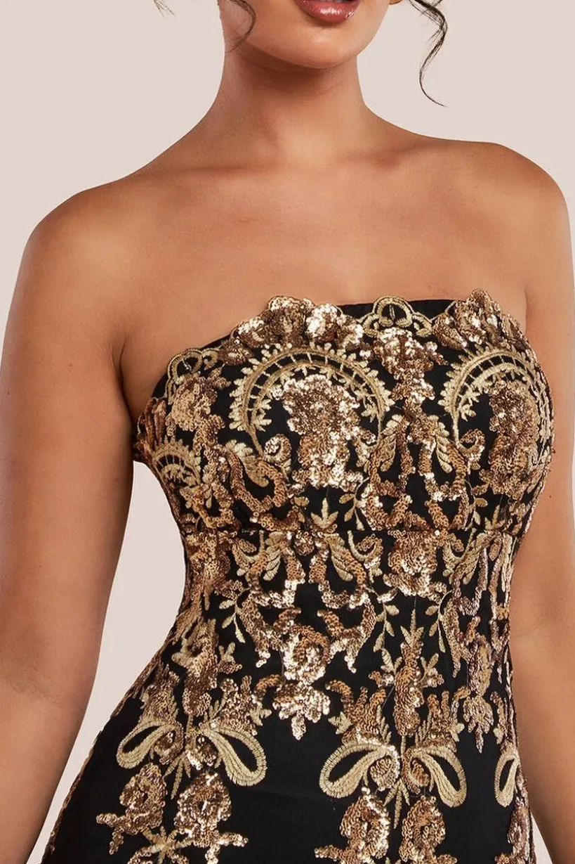Scallop Bandeau Sequin Mesh Maxi Dress - Black Gold by Goddiva