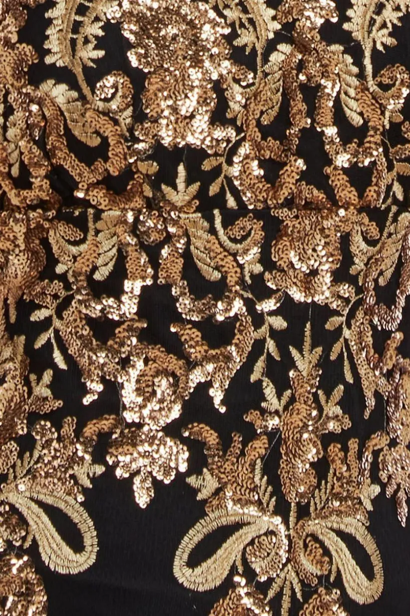 Scallop Bandeau Sequin Mesh Maxi Dress - Black Gold by Goddiva