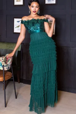 Scallop Bardot Ruffle Mesh Maxi - Emerald Green by Goddiva