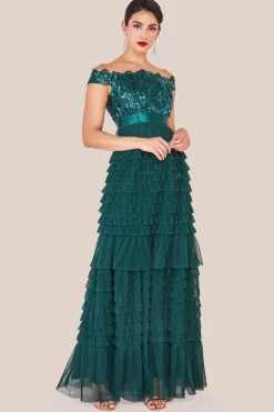 Scallop Bardot Ruffle Mesh Maxi - Emerald Green by Goddiva