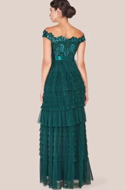 Scallop Bardot Ruffle Mesh Maxi - Emerald Green by Goddiva