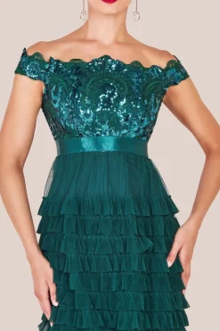 Scallop Bardot Ruffle Mesh Maxi - Emerald Green by Goddiva