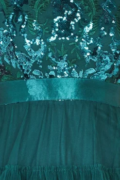 Scallop Bardot Ruffle Mesh Maxi - Emerald Green by Goddiva