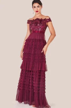 Scallop Bardot Ruffle Mesh Maxi - Burgundy by Goddiva