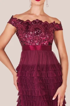 Scallop Bardot Ruffle Mesh Maxi - Burgundy by Goddiva