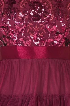 Scallop Bardot Ruffle Mesh Maxi - Burgundy by Goddiva